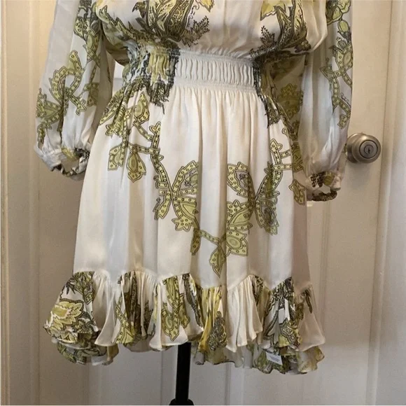 Roberto Cavalli White and Green Off-Shoulder silk Dress,
